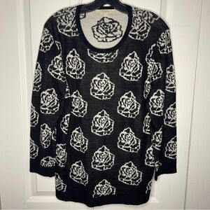 LOFT Crew Neck Wool Blend Rose Sweater Size Large Black White Women’s Graphic